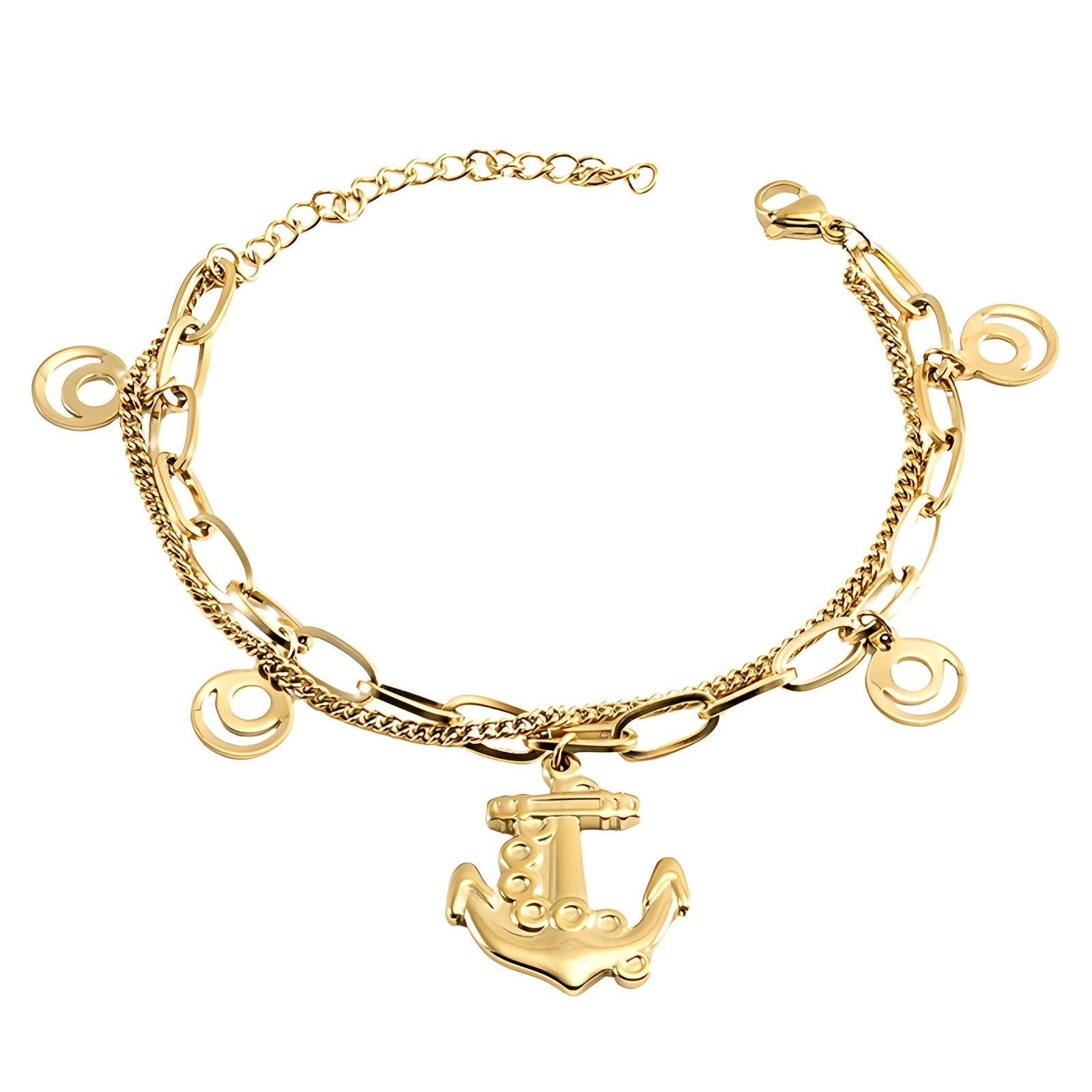 89207-0_092803_1600 18K gold plated stainless steel anchor bracelet close-up