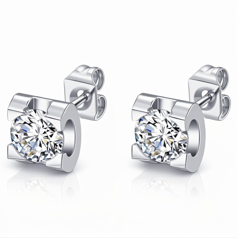 stainless steel stud earrings with cubic zirconia on white background
