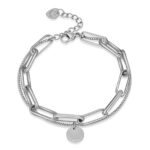 Close-up of stainless steel bracelet on wrist