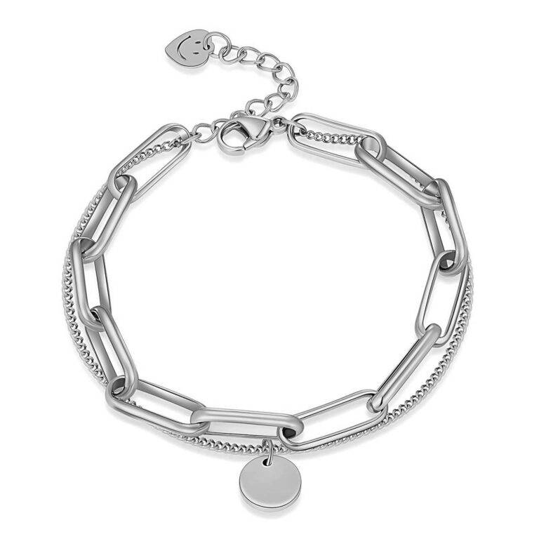 Close-up of stainless steel bracelet on wrist
