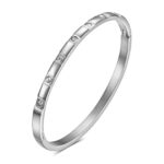 Close-up of stainless steel bracelet with cubic zirconia