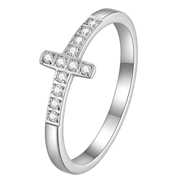 Close-up of stainless steel ring with cubic zirconia
