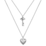 Stainless steel heart and key necklace with lobster clasp on white background