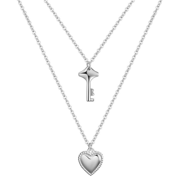Stainless steel heart and key necklace with lobster clasp on white background