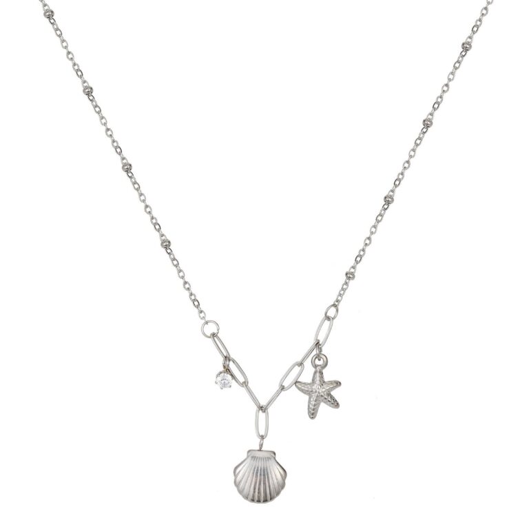 Stainless steel necklace with cubic zirconia pendant on white background
