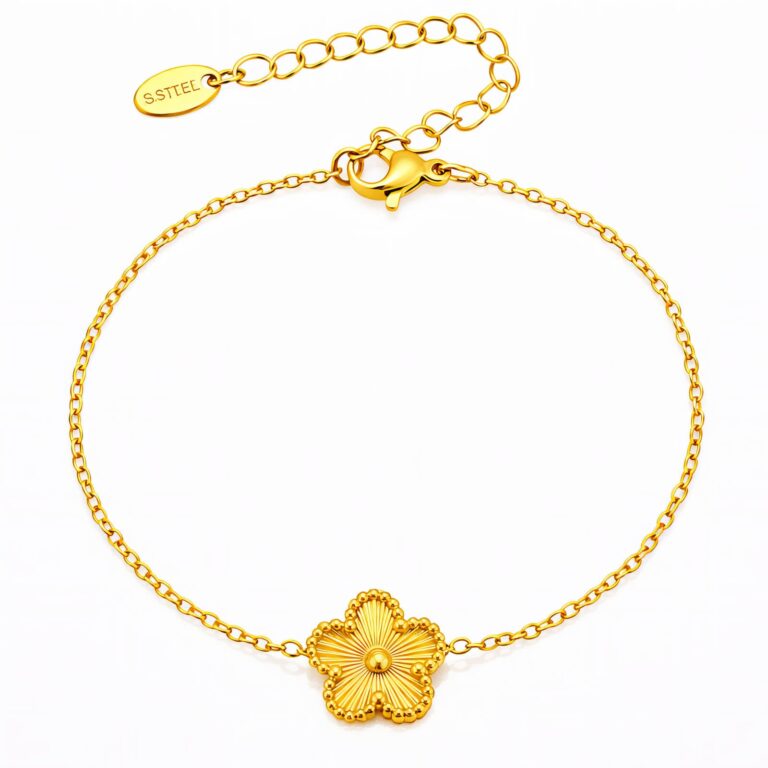 Close-up of 18K gold plated stainless steel flower bracelet