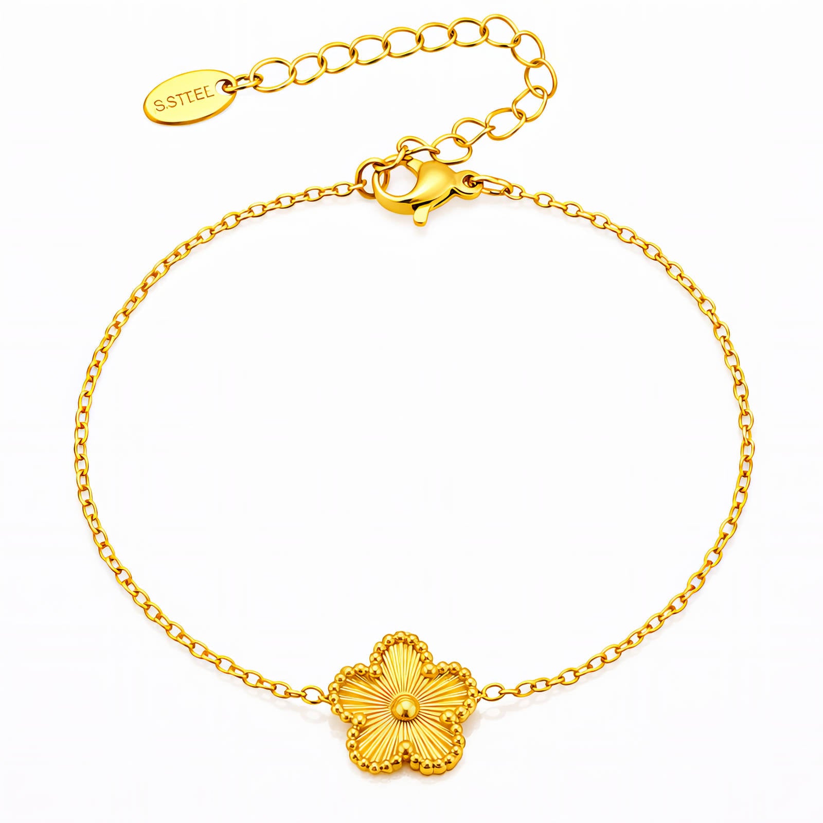 89557-0_new_090148629 Close-up of 18K gold plated stainless steel flower bracelet