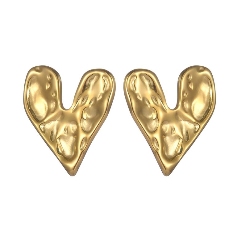 18K gold plated stainless steel heart stud earrings on white background