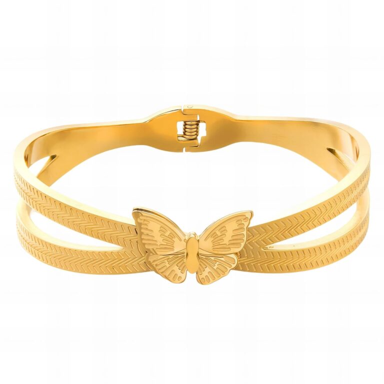 Close-up of 18K gold plated stainless steel butterfly bracelet on wrist