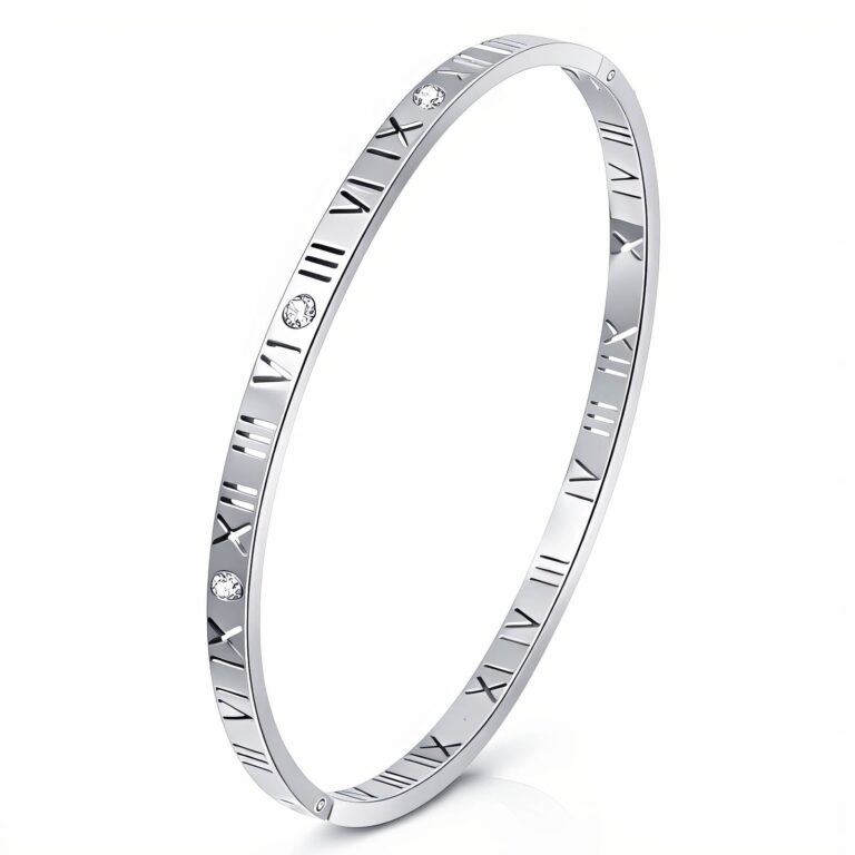 Close-up of stainless steel bracelet with cubic zirconia inserts