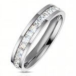 Stainless steel ring with cubic zirconia inlays on white background