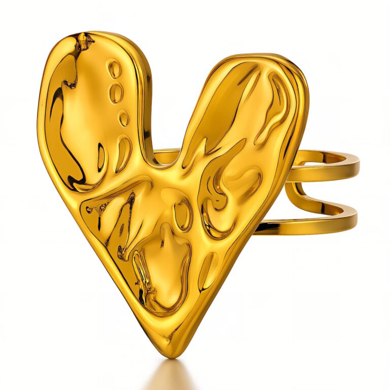 Adjustable 18K gold plated stainless steel heart ring on white background
