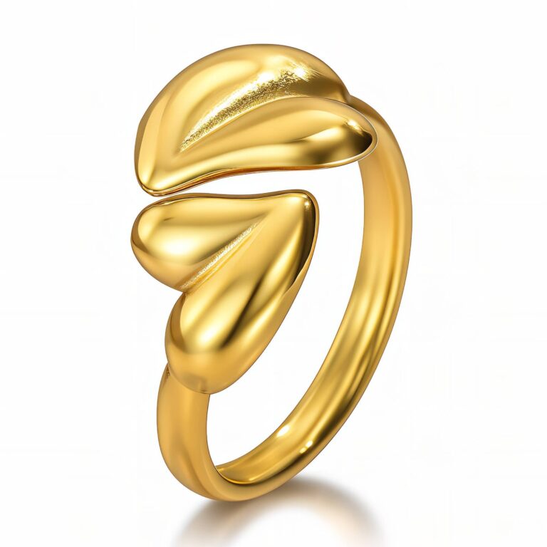 Adjustable 18K gold plated hearts ring on white background