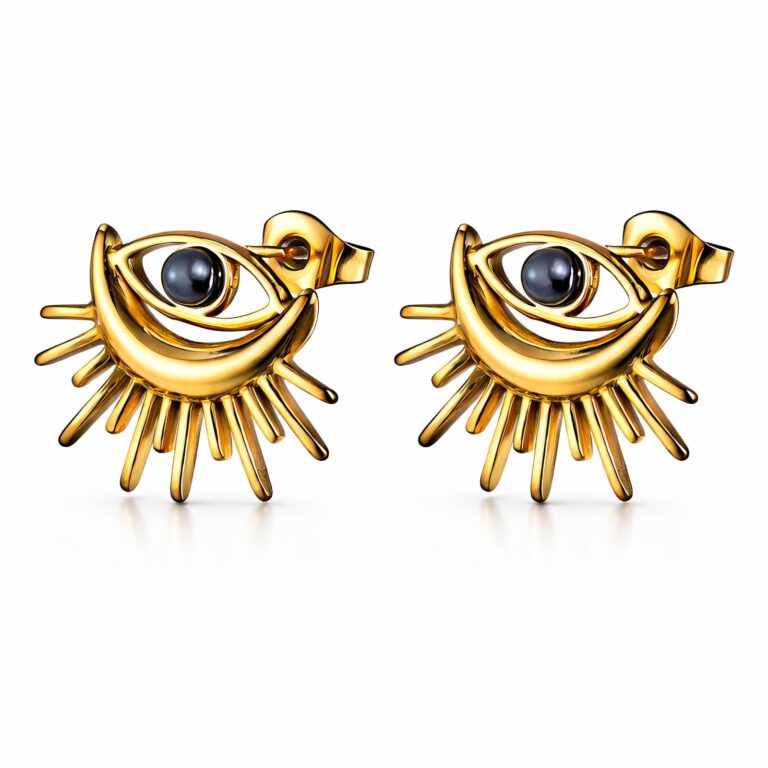 Close-up of 18K gold plated evil eyes stud earrings with cubic zirconia
