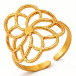 Adjustable 18K gold plated stainless steel flower ring on white background