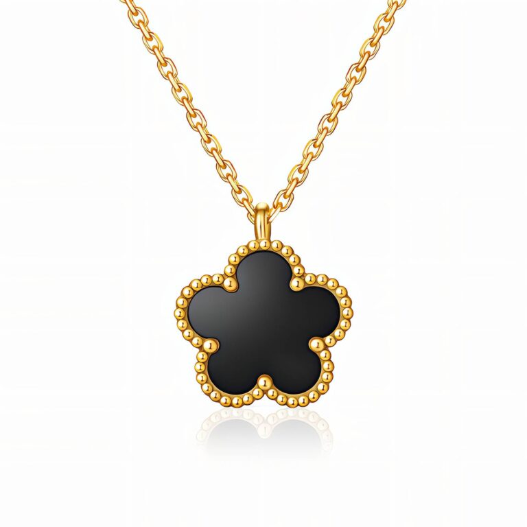 Close-up of 18K gold plated flower necklace pendant
