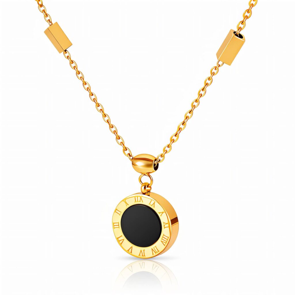 18K gold plated stainless steel necklace with lobster claw clasp and square pendant on white background