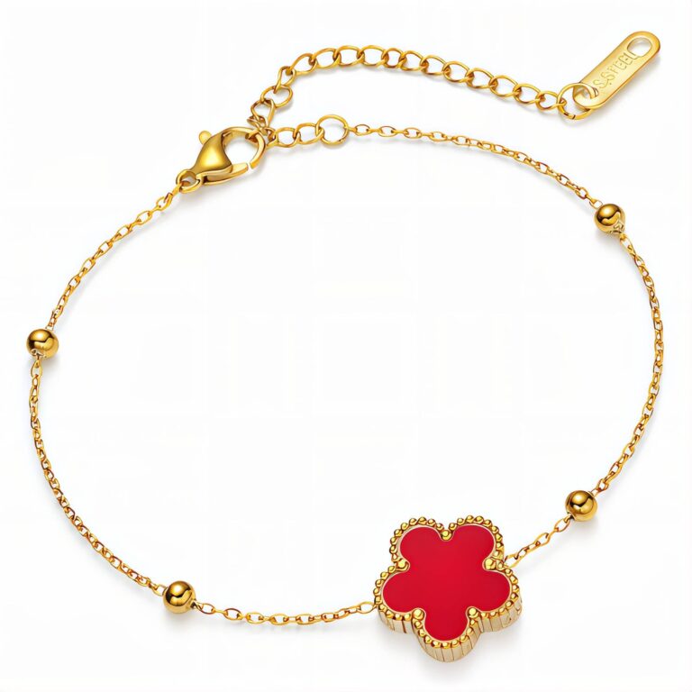 18K gold plated stainless steel flower bracelet on white background