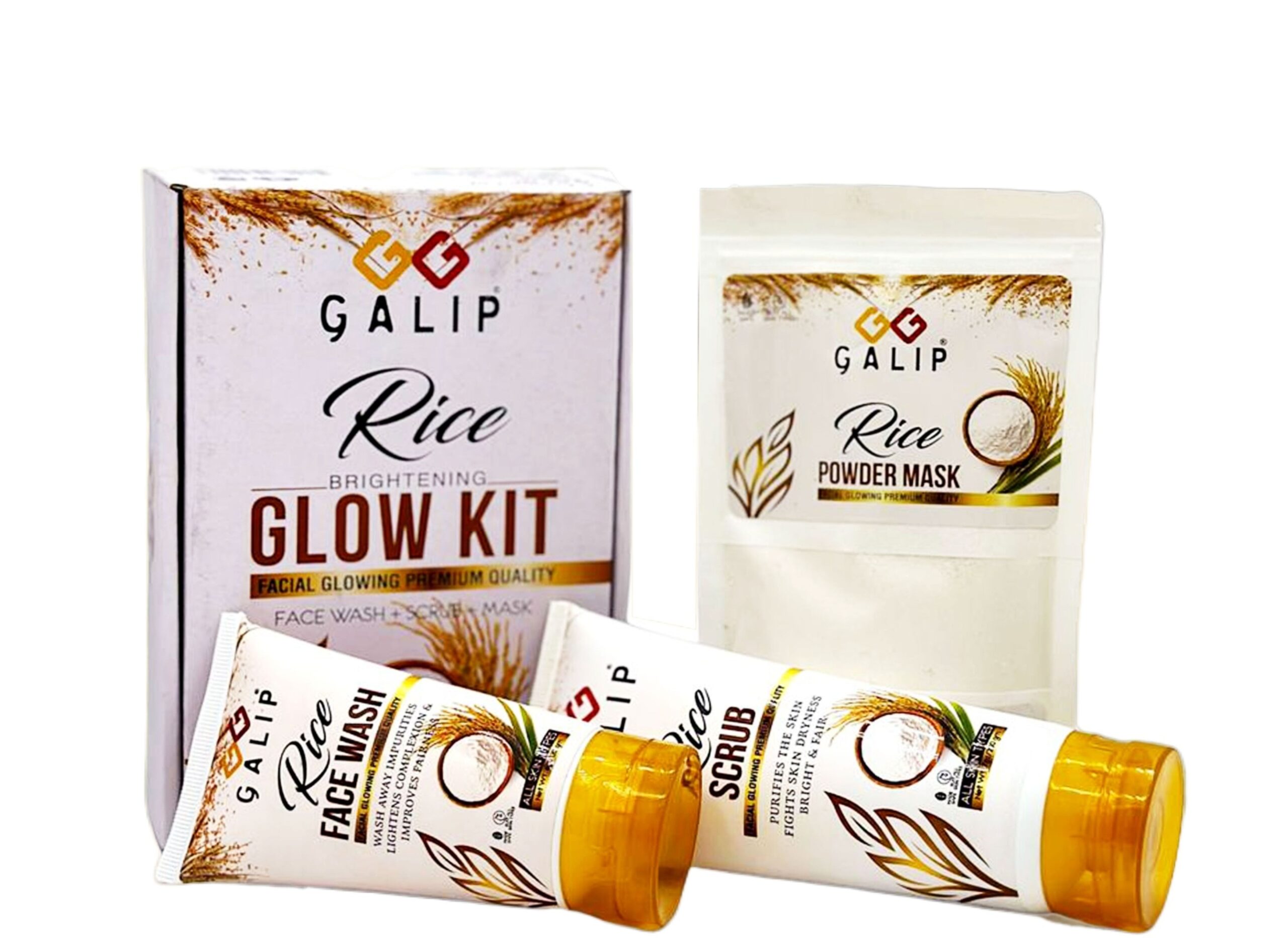 8a2ab1d679af7b3da1b6d78c99cddd9c.jpg GALIP Rice Glow Kit packaging with Korean glow mask and skin care products