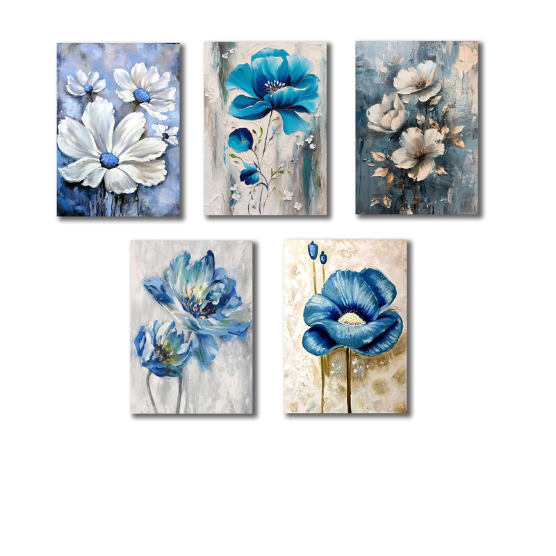 8bf638b6cd10f5c03583e1ca5e56c801.jpg Set of 5 blue flower wooden wall art frames displayed on wall