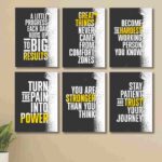 6 piece cardboard phototiles with Turn Pain Into Power design on wall