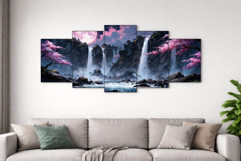 5-frame wooden landscape wall art set mounted on wall