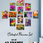 12 piece set of colourful wooden flower frames with sticky backing 5x7 inches