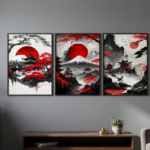 Japanese Zen Landscape Wooden Wall Art Frame Set | 3-Piece Red Sun and Pagoda Mountain Sticky Tiles | Modern Oriental Wall Decor | Size 8x11 Inch Per Frame