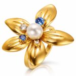 Adjustable flower ring with 18K gold plating and cubic zirconia on stainless steel