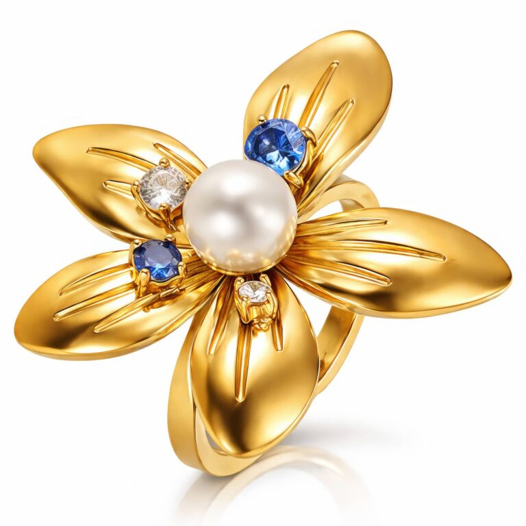 Adjustable flower ring with 18K gold plating and cubic zirconia on stainless steel