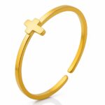 Adjustable 18K gold plated stainless steel cross ring front view