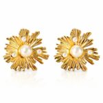 18K gold plated flower stud earrings with pearl imitation on white background