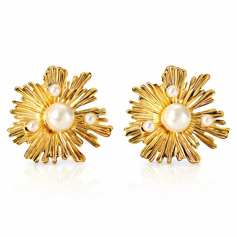 18K gold plated flower stud earrings with pearl imitation on white background