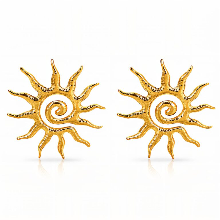 18K gold plated stainless steel sun stud earrings on white background
