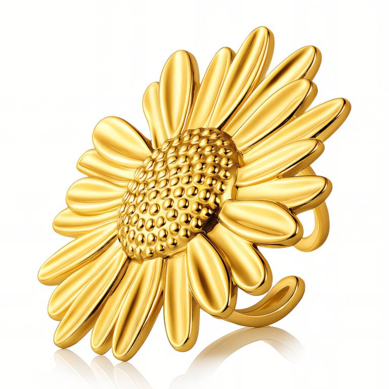 Adjustable 18K gold plated stainless steel flower ring front view