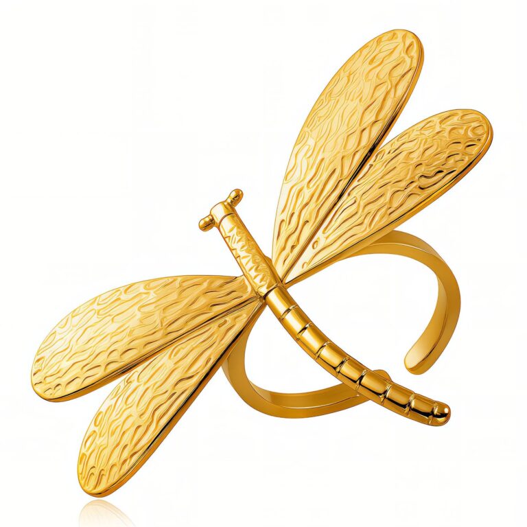 Adjustable dragonfly ring in 18K gold plated stainless steel on white background