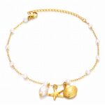 18K gold plated starfish and seashell anklet with baroque pearls on stainless steel chain