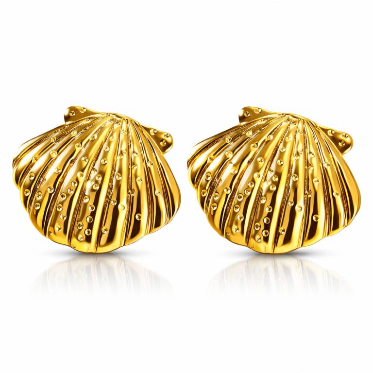 18K gold plated stainless steel seashell stud earrings on white background