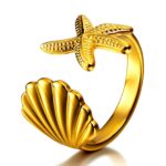 Adjustable starfish and seashell ring in 18K gold plating on white background