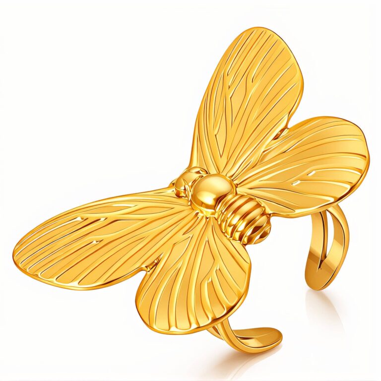 Adjustable 18K gold plated butterfly ring on white background