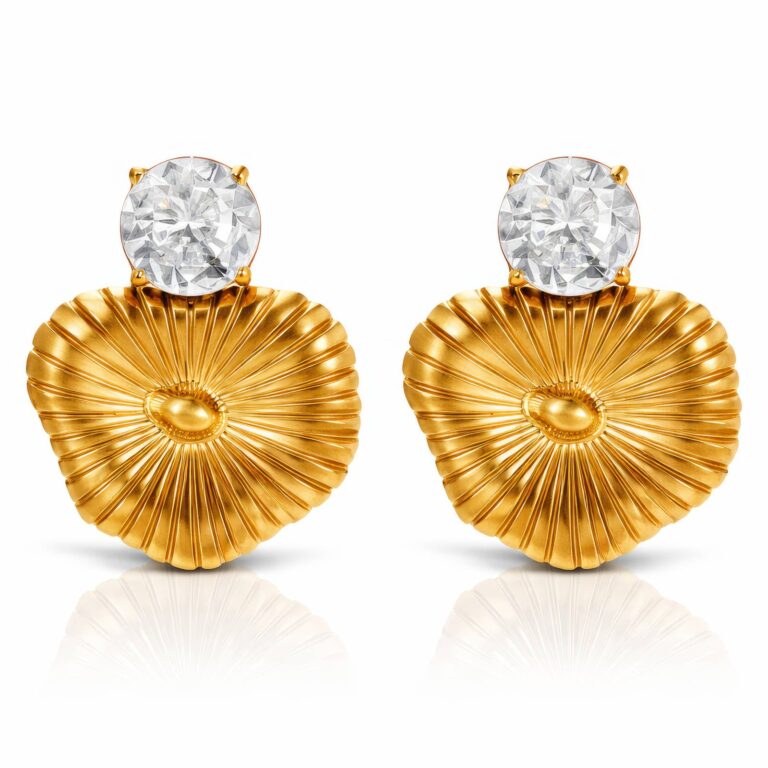 18K gold plated flower stud earrings with cubic zirconia front view
