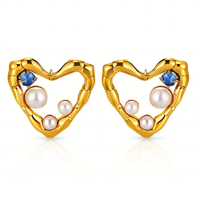 Close-up of 18K gold plated stainless steel heart stud earrings with cubic zirconia and pearl accents