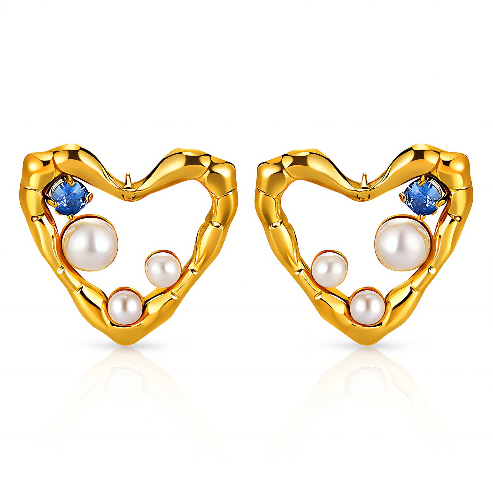 90168-0_new_0903461662 Close-up of 18K gold plated stainless steel heart stud earrings with cubic zirconia and pearl accents