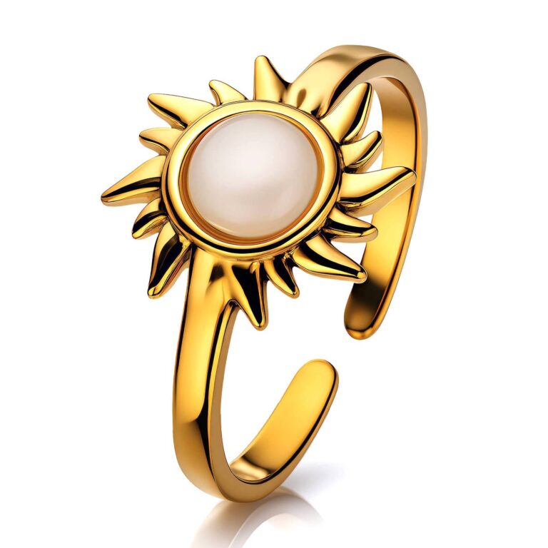 Adjustable sun ring in 18K gold plated stainless steel with pearl imitation