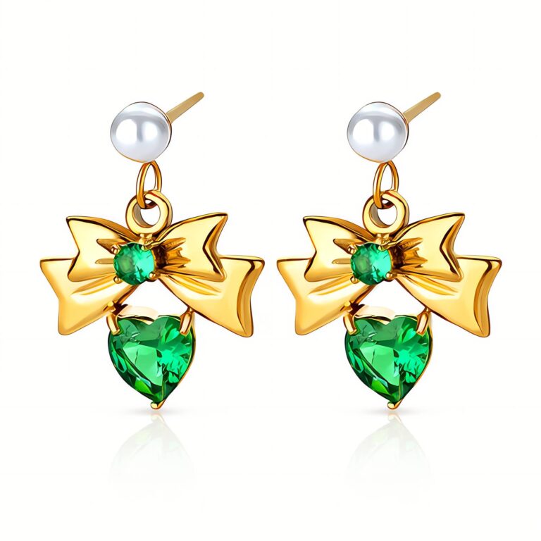 18K gold plated hearts and bows stud earrings front view