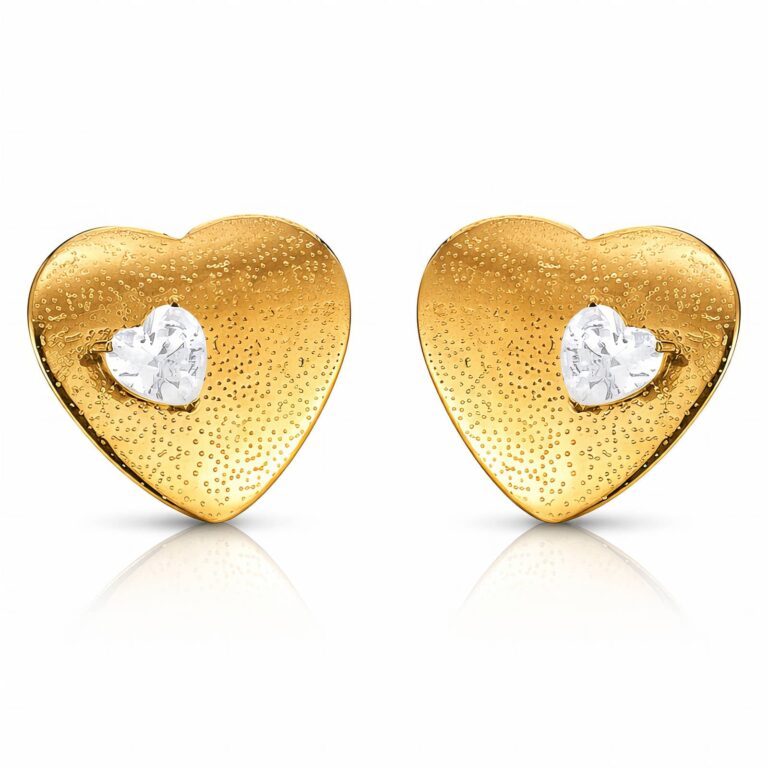 Close-up of 18K gold plated brass heart stud earring with cubic zirconia