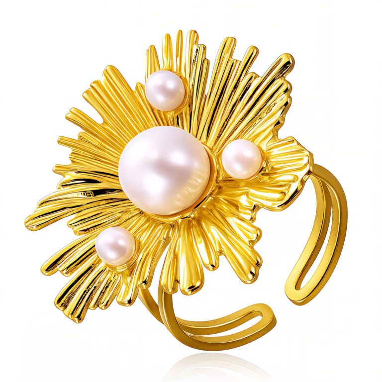 Adjustable flower ring with imitation pearl in 18K gold plated steel
