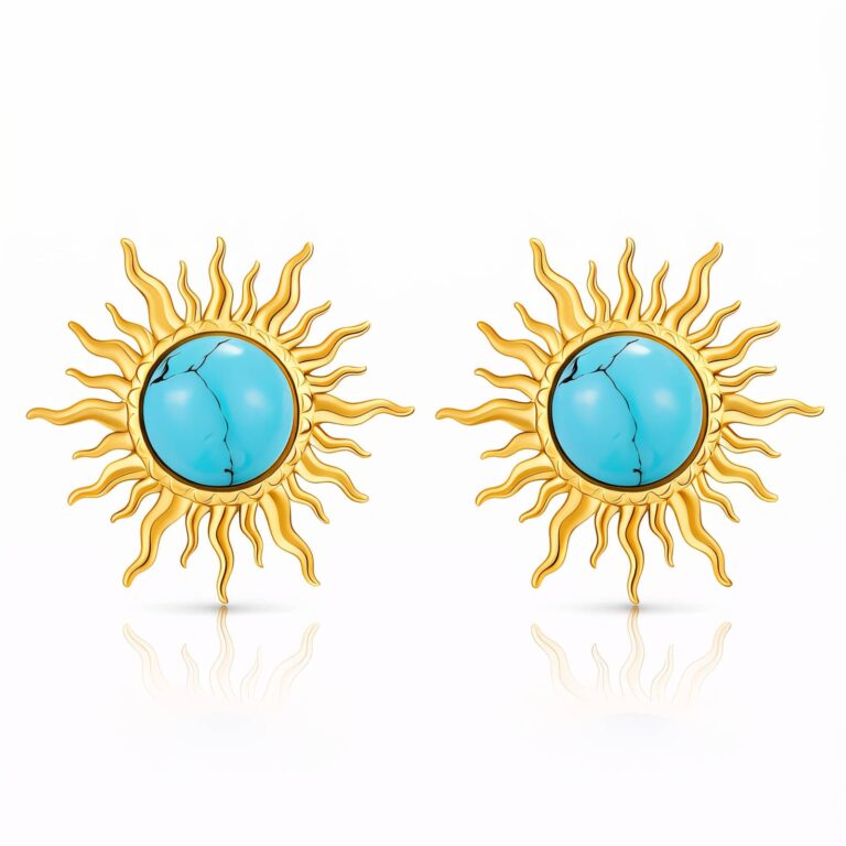 18K gold plated suns stud earrings with rhinestones on white background