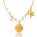 18K gold plated starfish and seashell necklace close-up