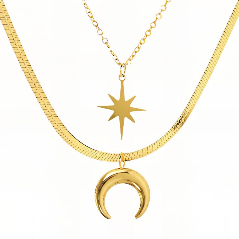 18K gold plated crescent and star necklace on stainless steel chain